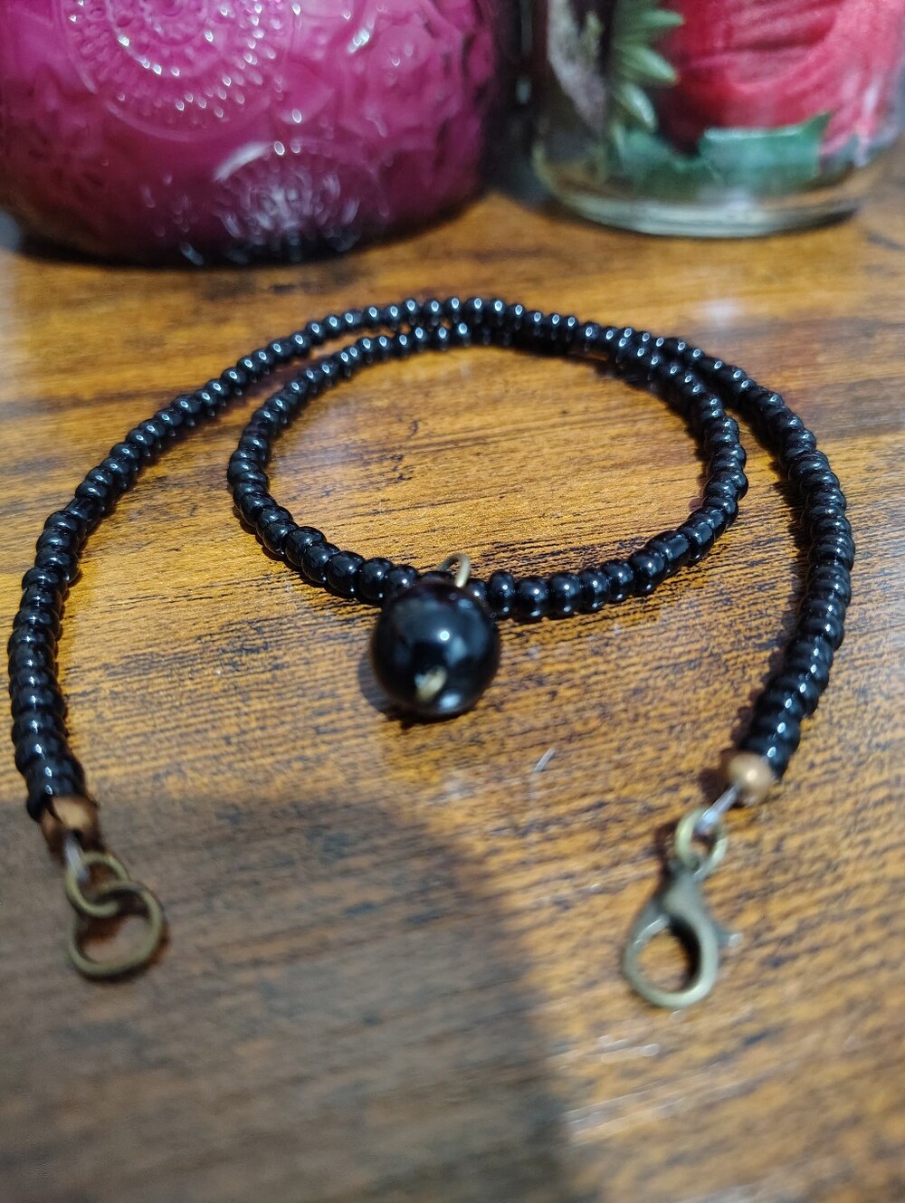 Black Beaded Men's Necklace with Pendant Accent Bead